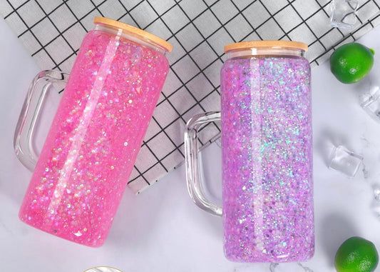 20 oz glass with handle snow globe